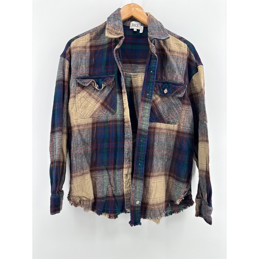 BKE Flannel Boyfriend Shirt Womens Small Blue Beige Plaid Raw Hem Button Up - Picture 3 of 5